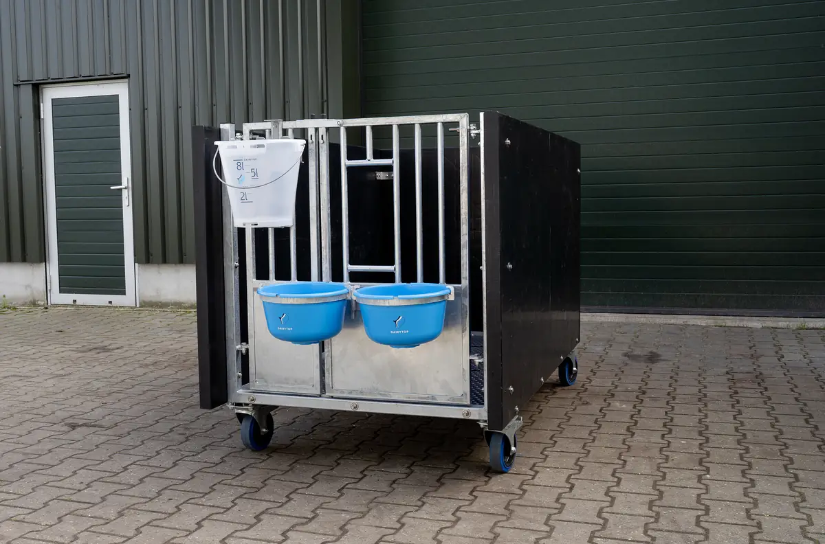 Calf pen on wheels with front gate, milk bucket and two blue feed bowls